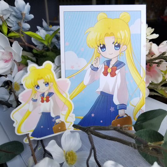 Sailor Moon Sakura Day | Print and Vinyl Sticker set | Usagi School Outfit |